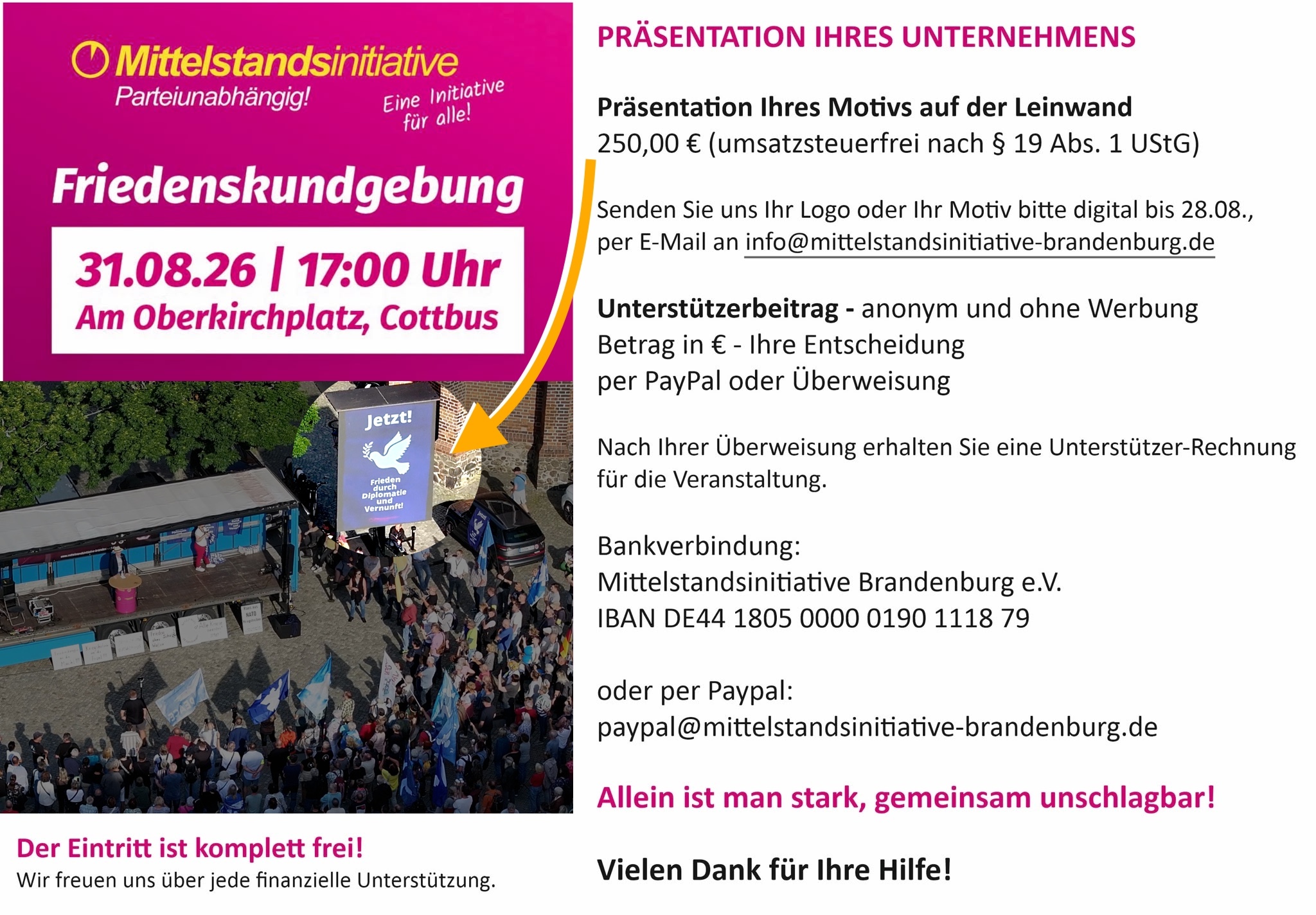 Unterstützen Sie unsere Friedenskundgebung – Ihre Botschaft auf der Videowall